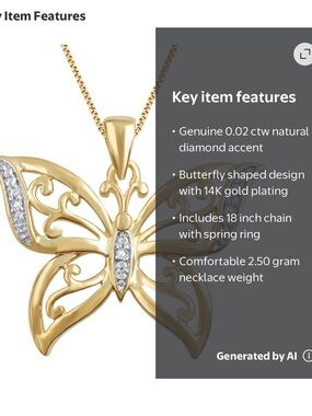14Kt Gold over Brass Butterfly Necklace with Genuine Natural Diamonds